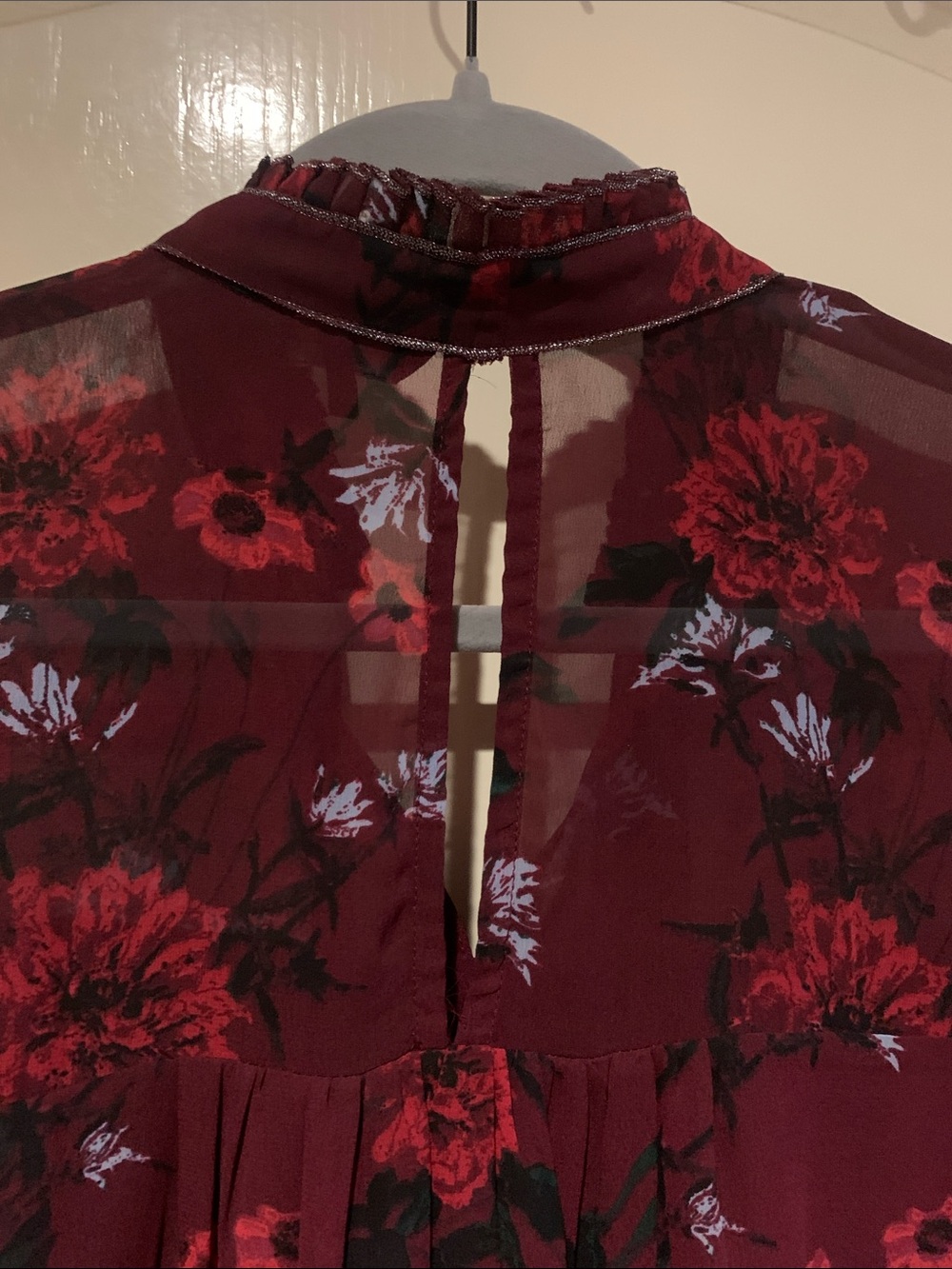 Lucky Brand Burgundy Floral Ruffle Tie-Neck Blouse - Picture 6 of 7